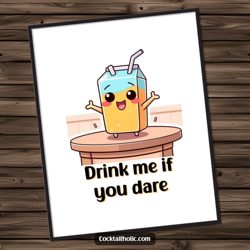 Funny digital art print of a juice box with a straw leaping from a table, capturing a moment of spontaneous fun and energy.