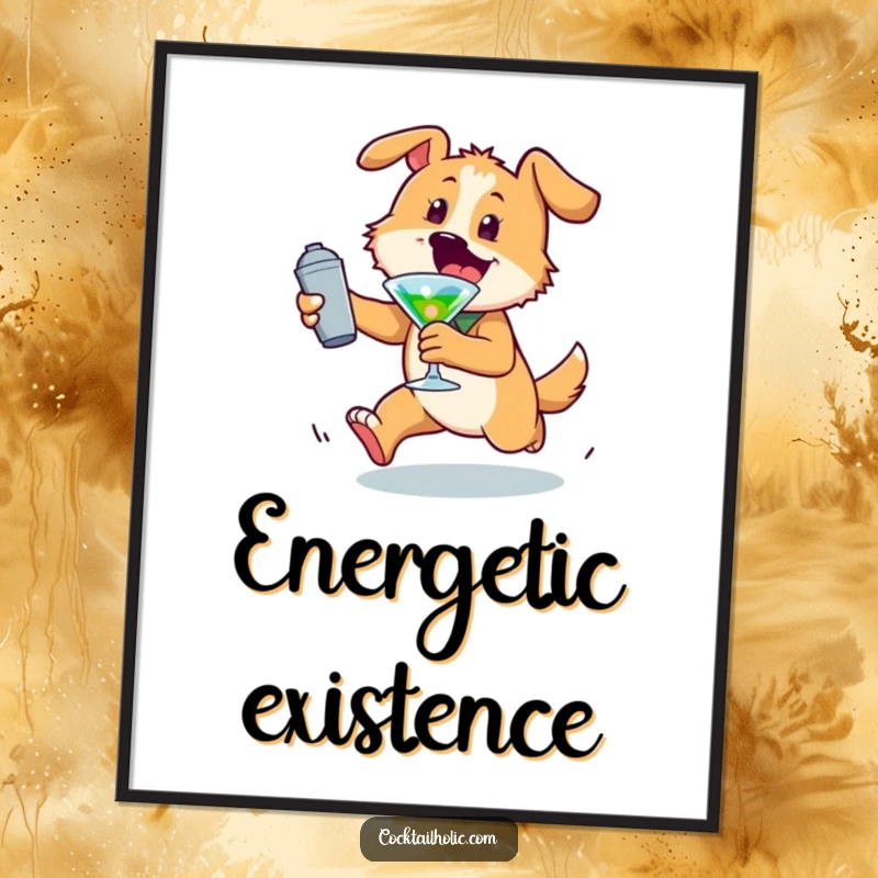 Funny dog digital art print of an energetic character chasing a cocktail shaker, offering instant humorous wall decor.
