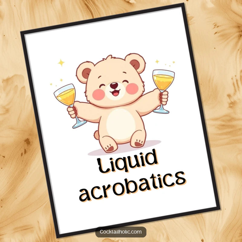 Funny digital art print of a bear cub skillfully juggling three vibrant cocktail glasses, ready to be printed and framed.