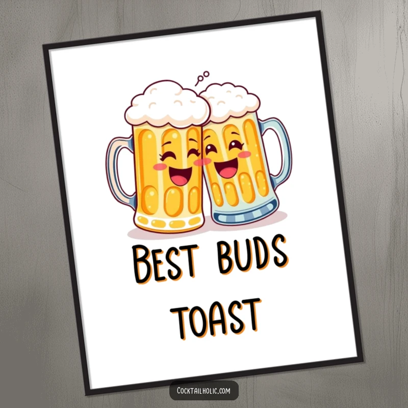 Funny digital art print of two joyful beer mugs high-fiving, a vibrant and amusing illustration for instant home decor.