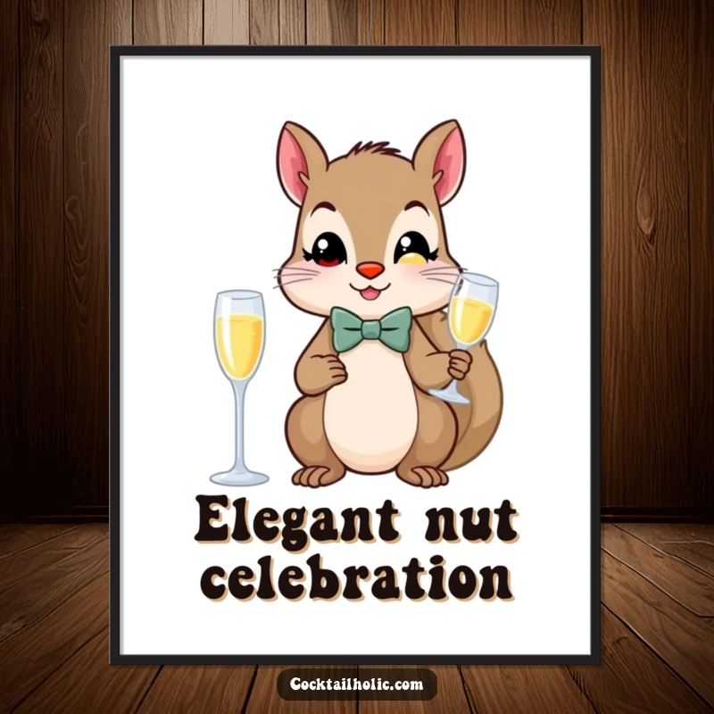 Funny squirrel wearing a bow tie, holding a champagne flute, as a digital art print.