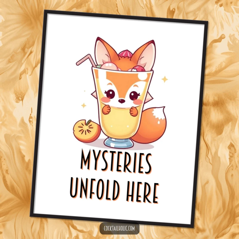 Funny fox digital art print of a shy character peeking behind a giant cocktail, offering instant humorous wall decor.