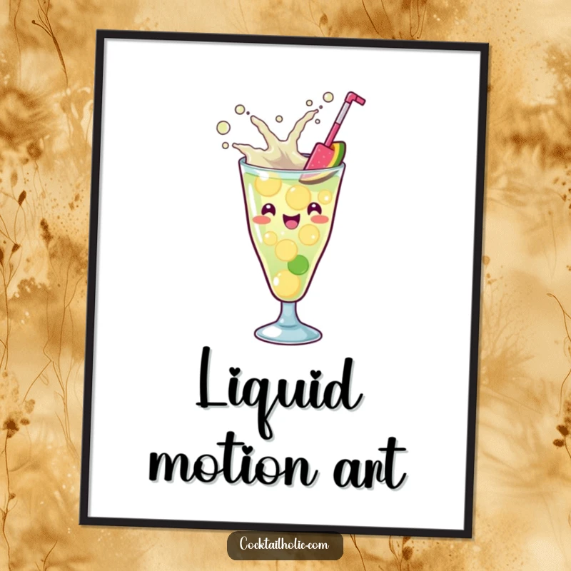 Funny Kawaii cocktail glass with a playful splash, enthusiastically mixing ingredients, energetic and humorous digital art.