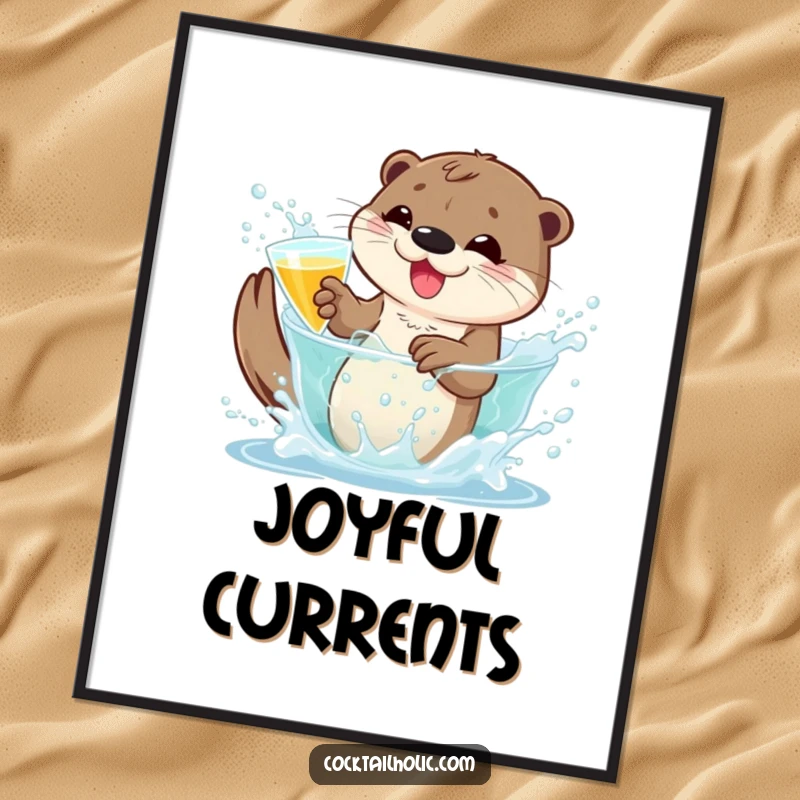 Funny otter digital art print of a playful character splashing in a bubbly cocktail, offering instant humorous wall decor.
