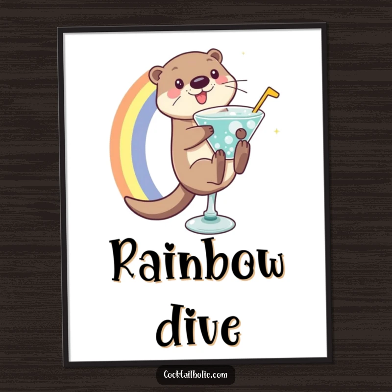Playful otter character sliding down a vibrant rainbow into a fizzy cocktail glass, high-resolution digital art print.