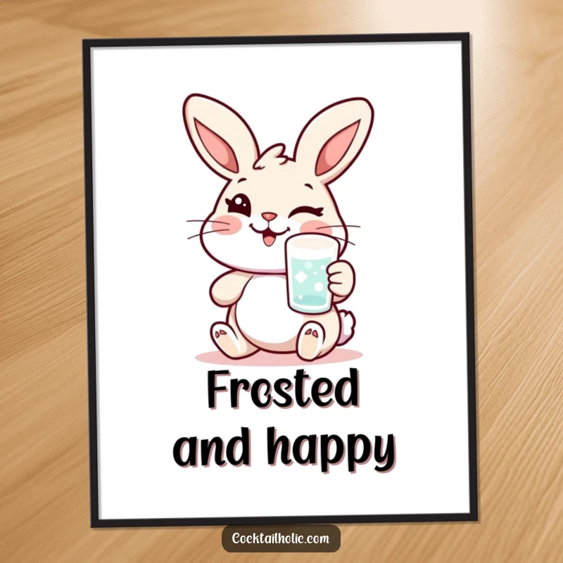 Funny rabbit digital art print of a cheerful character winking with a frosted glass, offering instant humorous wall decor.
