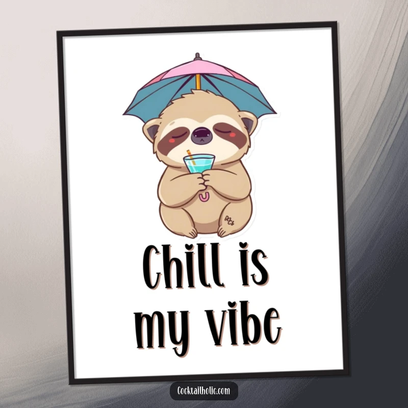 Funny sloth digital art print of a sleepy character with a cocktail umbrella, offering instant humorous wall decor and a funny gift.