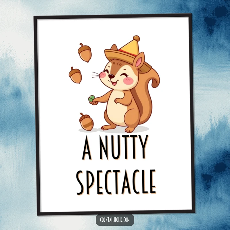 Funny digital art print of a cheerful squirrel in a sombrero juggling acorns, perfect for festive wall decor.