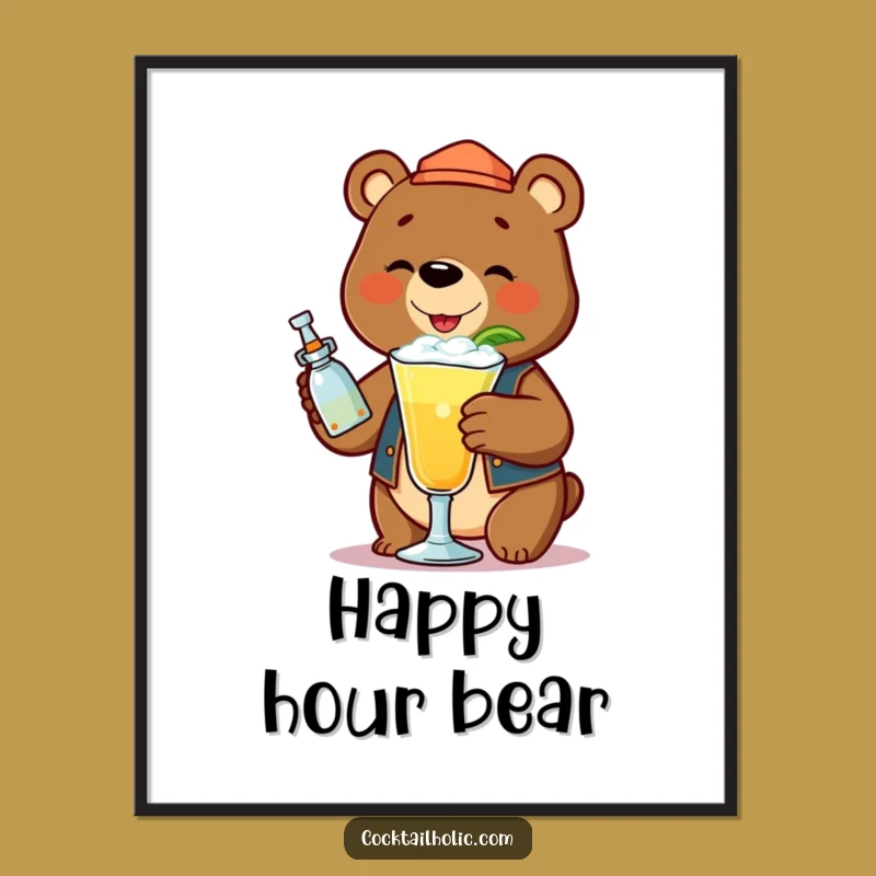 Funny Bear Bartender Cocktail Digital Art Print - Whimsical Mixologist Decor