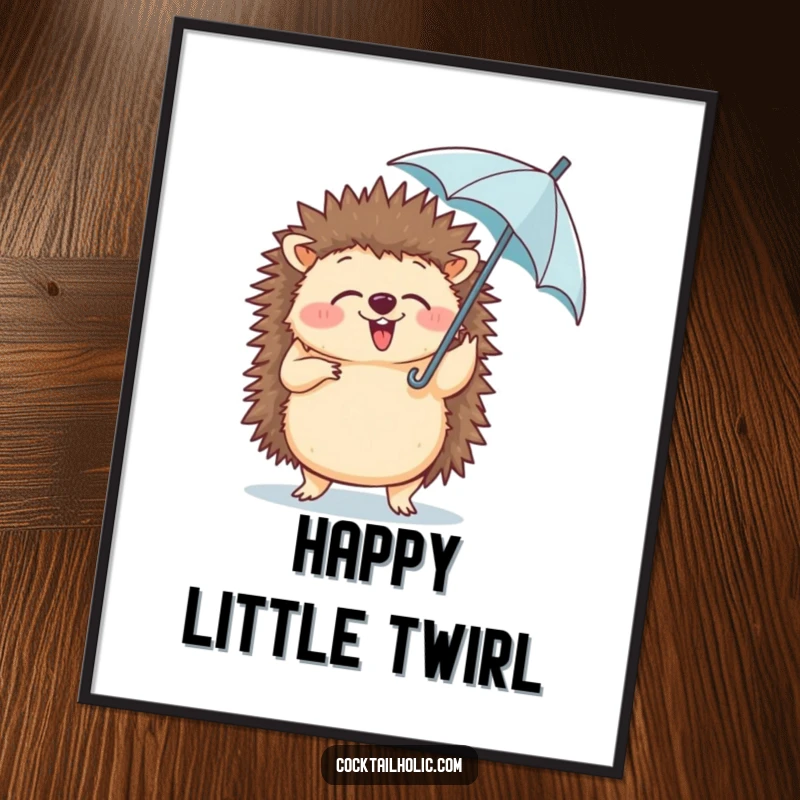 Funny digital art print of a giggling hedgehog doing a silly dance, holding a tiny umbrella in its paw.