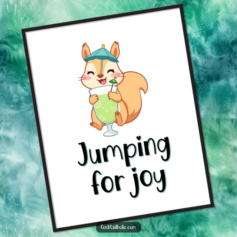 Funny digital art print of a cheerful squirrel mid-jump with a drink umbrella, capturing playful joy and vibrant energy.
