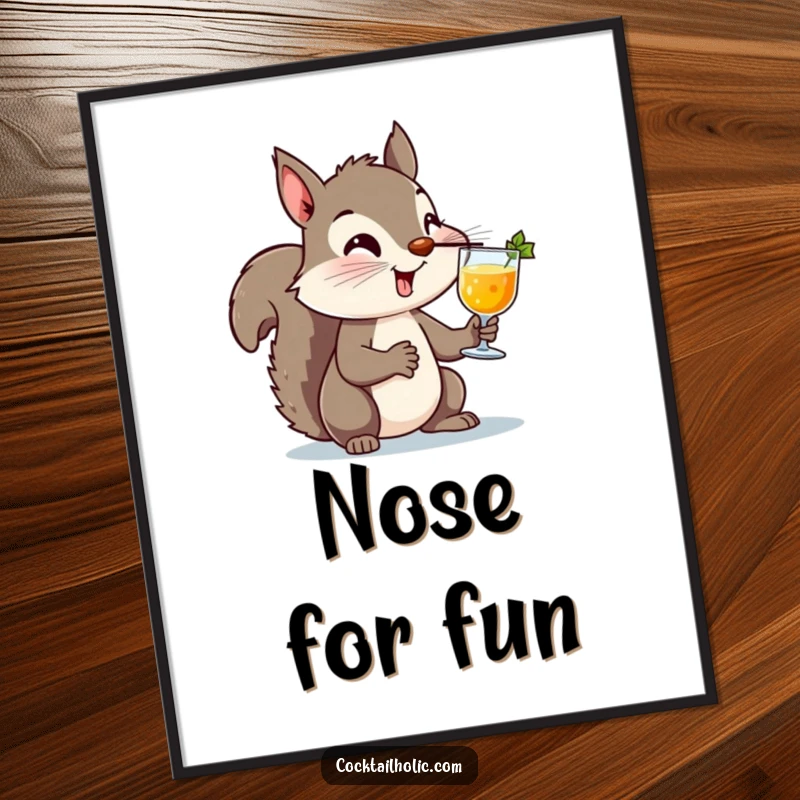 Funny Squirrel Cocktail Digital Art Print: A high-resolution image of a mischievous squirrel balancing a cocktail on its nose, perfect for humorous and eye-catching wall art.