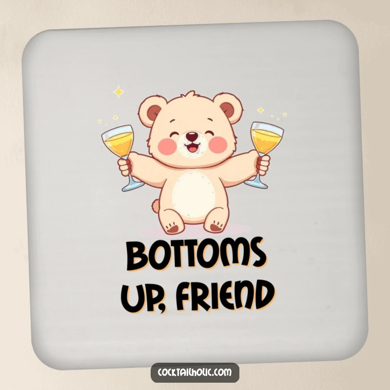 Funny drink coasters depicting a bear cub juggling sparkling cocktail glasses, protecting surfaces with humor.