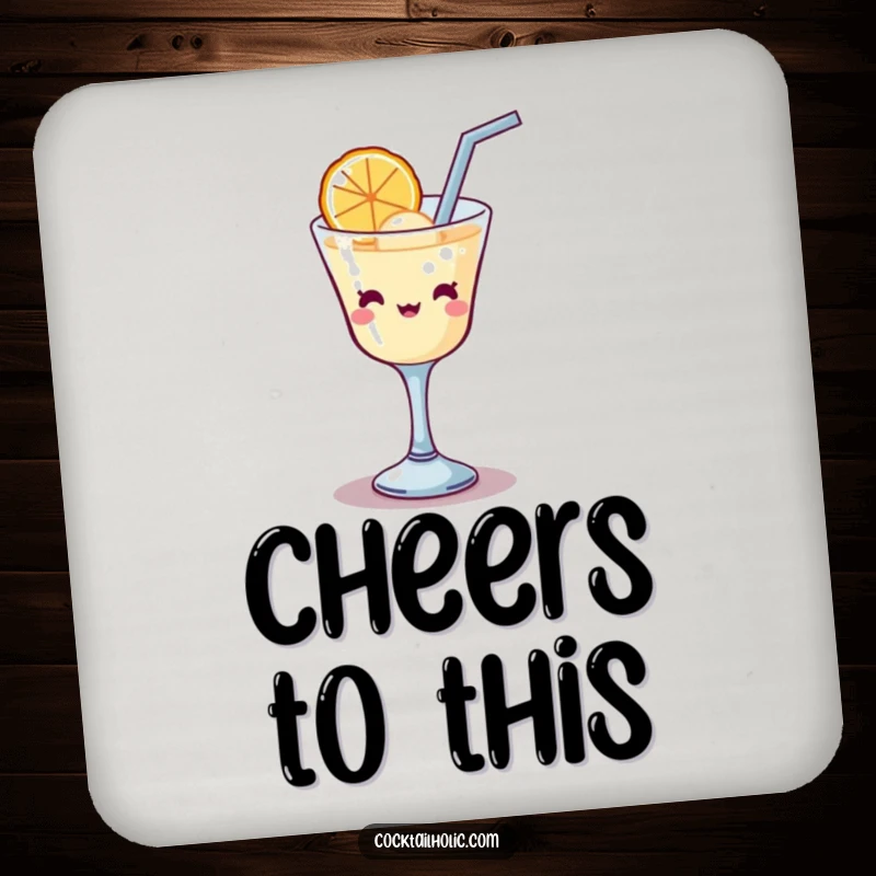 Funny Kawaii cocktail glass with a straw, comically attempting to sip a large bubble, a humorous and protective drink coaster.