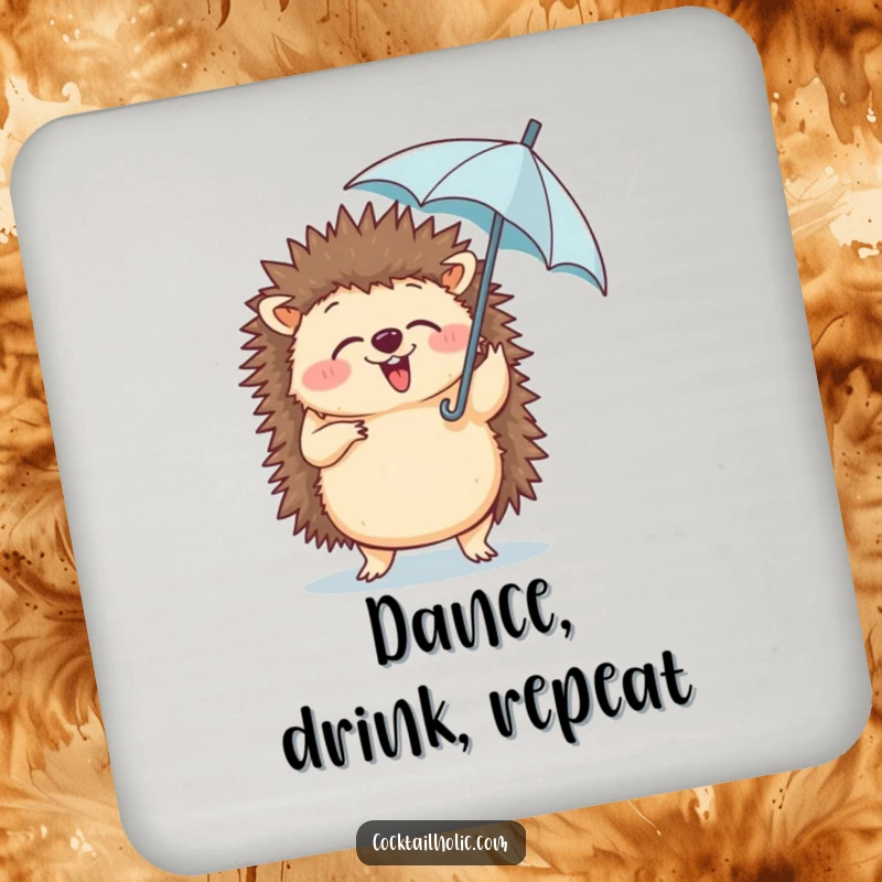 Funny drink coasters depicting a giggling hedgehog doing a silly dance, holding a tiny umbrella, adding whimsical flair.
