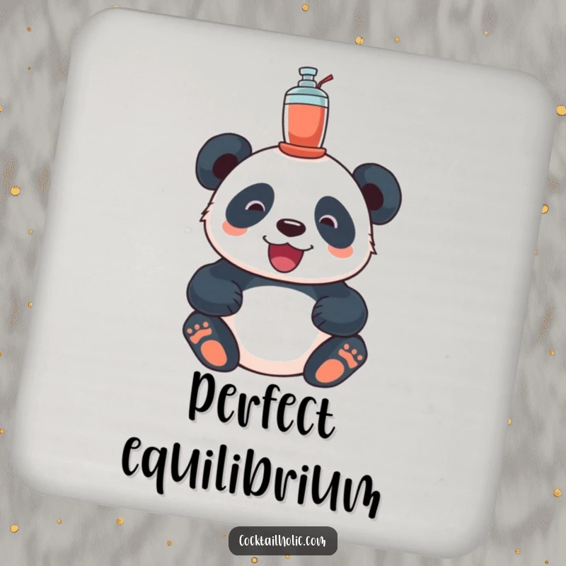 Funny panda drink coaster, featuring a delighted panda balancing a tiny cocktail shaker, protecting surfaces with charm.