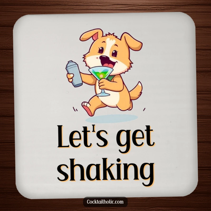 Funny dog drink coasters with an energetic character chasing a cocktail shaker, protecting surfaces with playful humor.