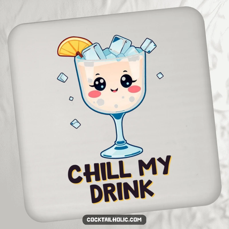 Funny drink coaster showcasing a kawaii cocktail glass with happy eyes juggling tiny ice cubes, humorous and practical.