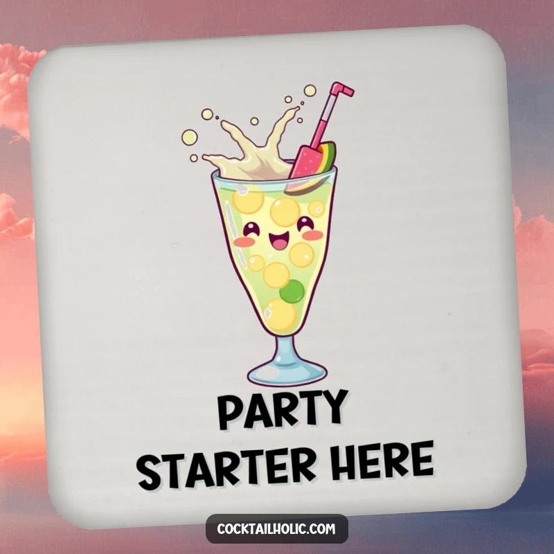 Funny Kawaii cocktail glass with a playful splash, energetically mixing ingredients, a humorous and protective drink coaster.