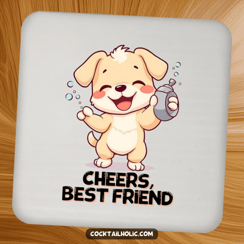 Joyful puppy character shaking a cocktail shaker with bubbles flying, depicted on a protective drink coaster.