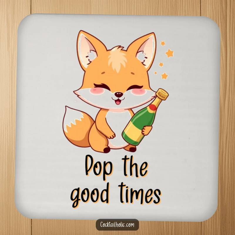 Funny fox Champagne coaster showing a cheerful fox winking while holding a miniature bottle, protecting surfaces with festive humor.