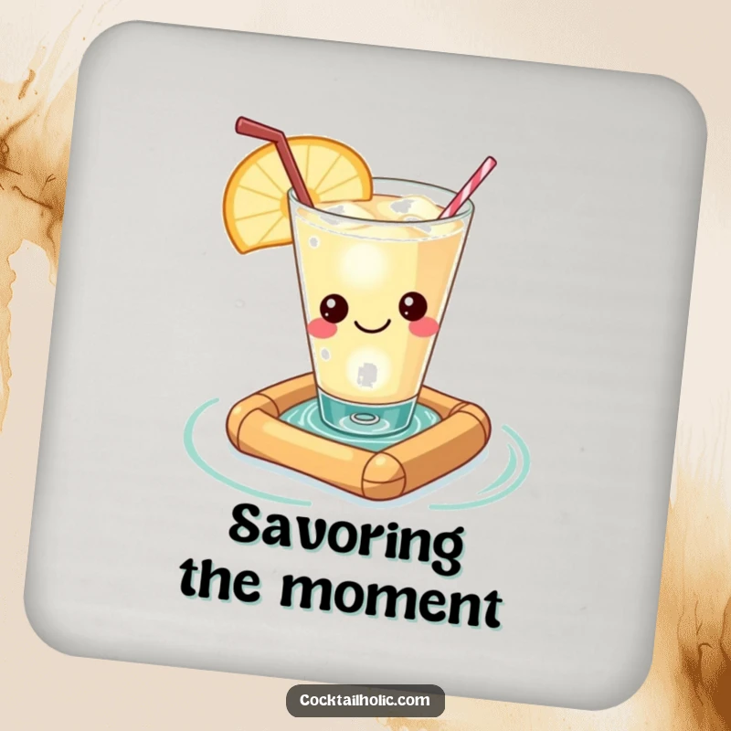 Funny Kawaii cocktail glass with a contented smile, floating on a miniature raft, a humorous and protective drink coaster.