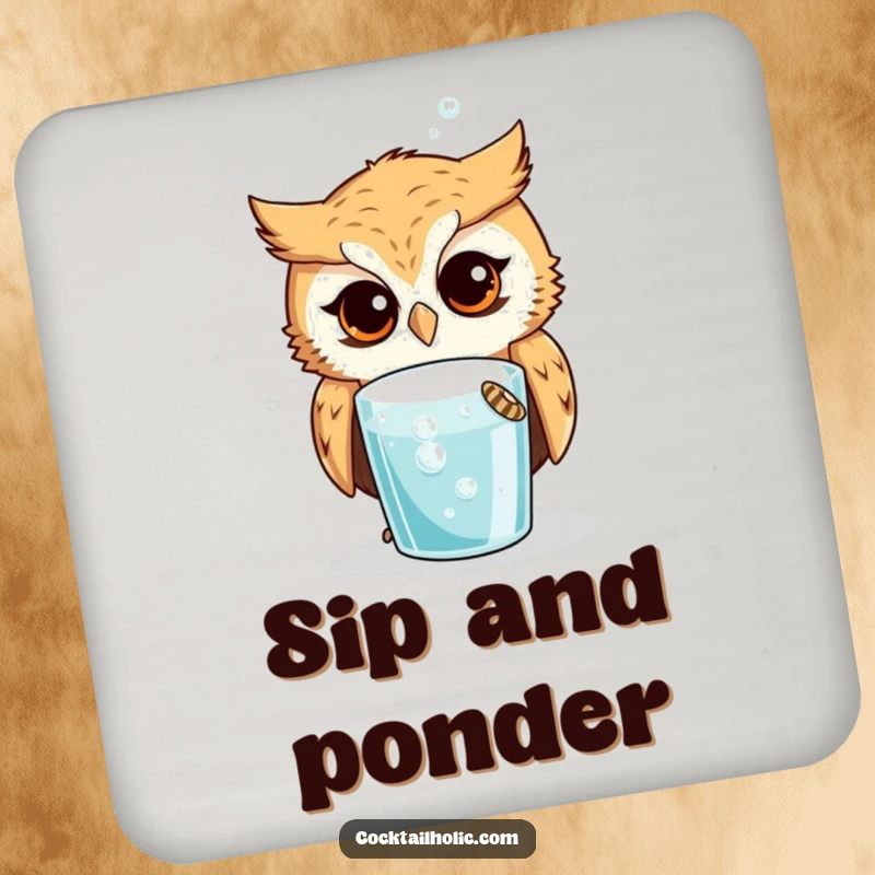 Funny Owl Coasters: Curious owl looking intently at a bubbling drink, protecting surfaces with wise and whimsical humor.