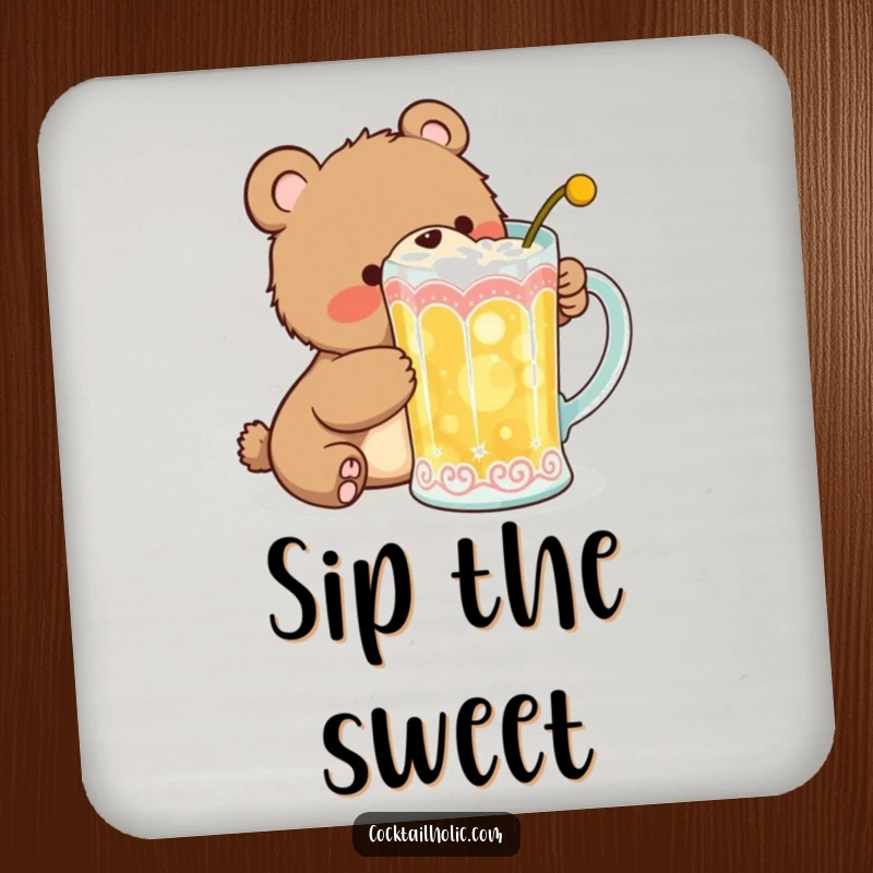 Funny Drink Coaster showcasing a giggling bear cub attempting to sneak a sip from a large, decorative cocktail mug, protecting your furniture.
