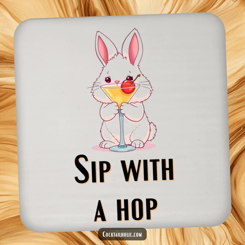 Funny fluffy bunny drink coasters holding a martini glass with a cherry, a humorous and practical accessory.