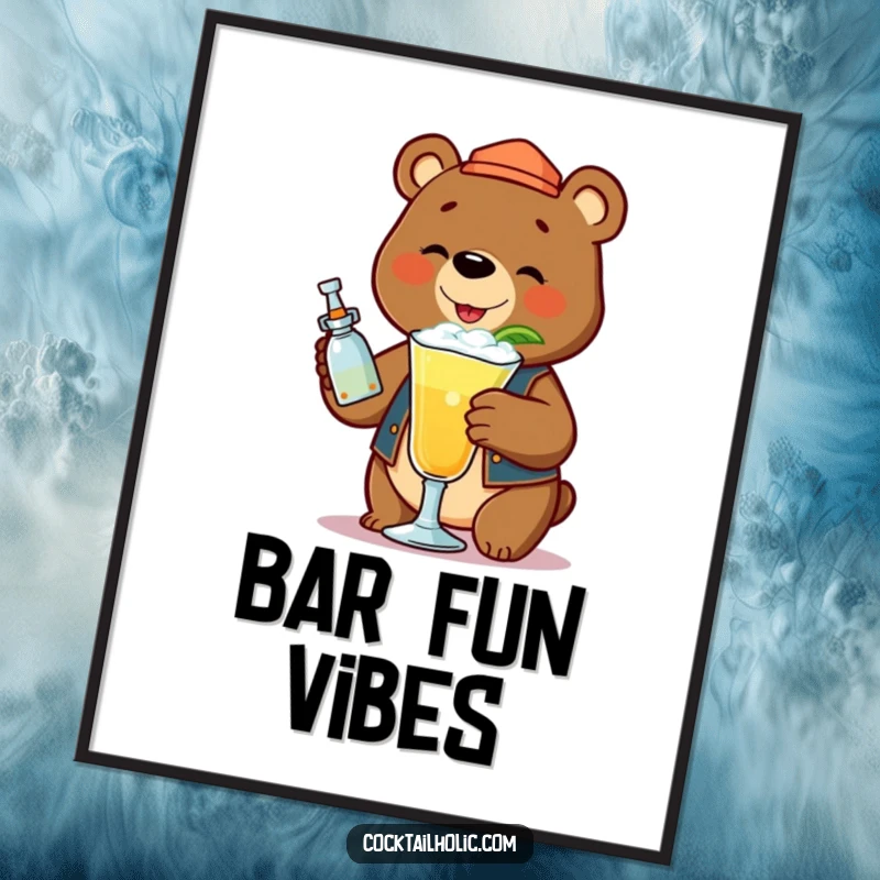 Funny bear bartender cheerfully shaking a frothy cocktail, displayed as wall art.