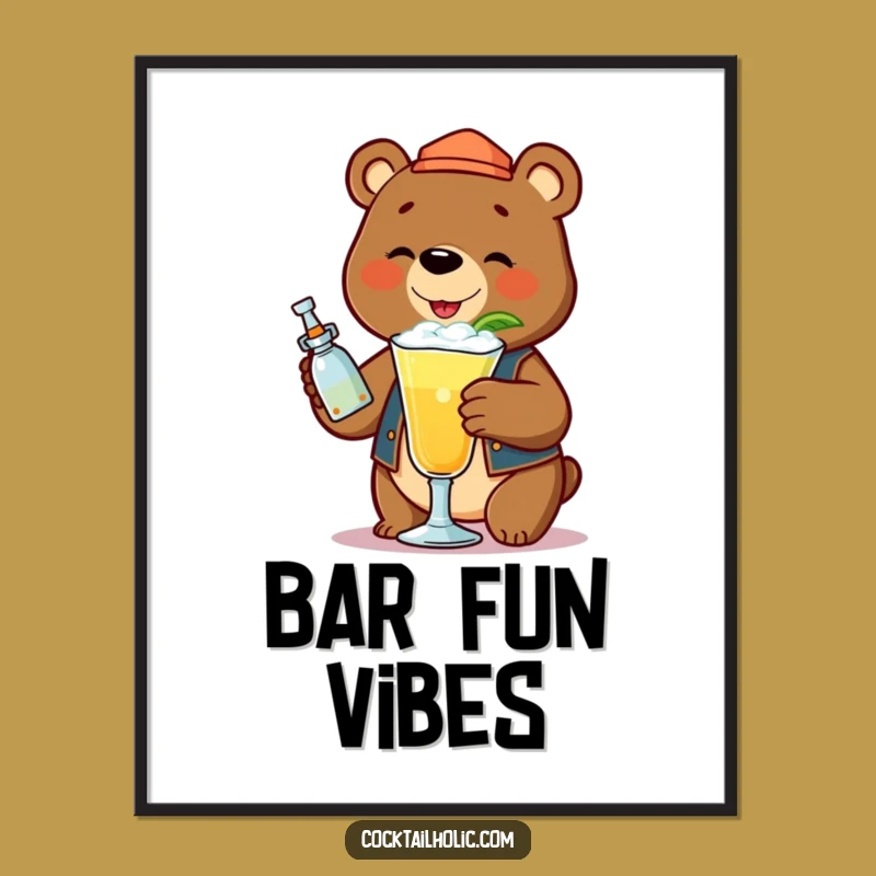 Funny Bear Bartender Cocktail Poster - Whimsical Mixologist Wall Art