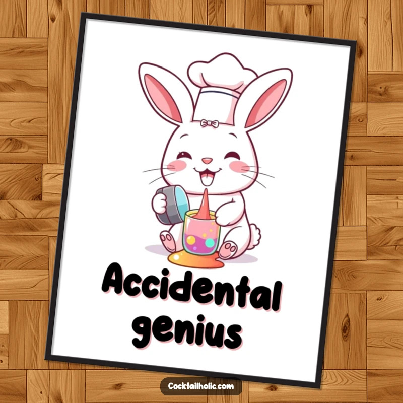 Funny poster featuring a happy bunny chef in a small hat, spilling vibrant liquids from a shaker with a playful expression.