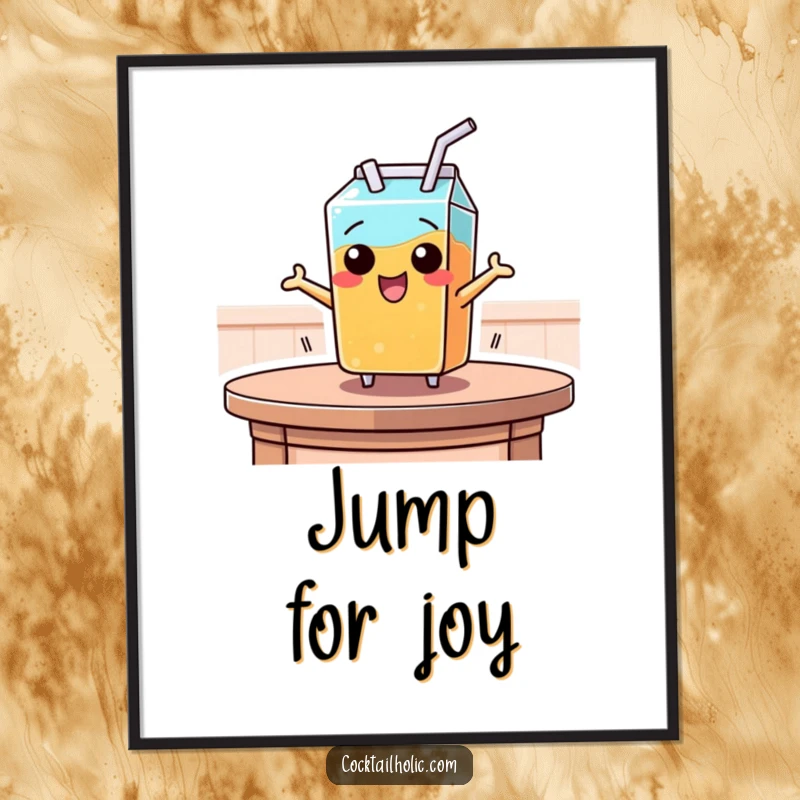 Funny poster capturing a juice box with a straw mid-air as it leaps from a table, conveying a sense of playful freedom.