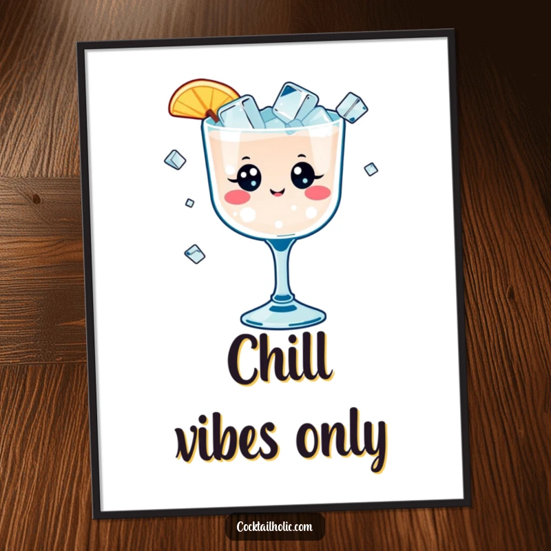 Funny poster illustrating a kawaii cocktail glass with cheerful eyes, juggling small ice cubes, cute and humorous party art.