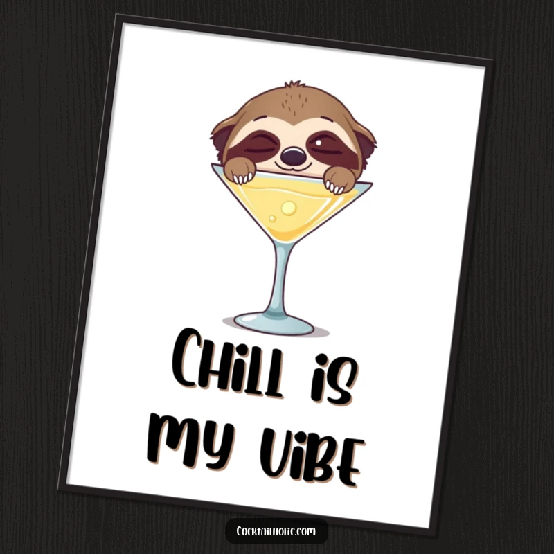 Funny poster print of a sleepy sloth with wide, happy eyes peeking over a giant martini glass, bringing calm amusement.