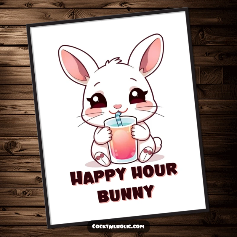 Funny poster art of a content rabbit with a straw drink, conveying tranquility and a humorous, relaxed feeling.