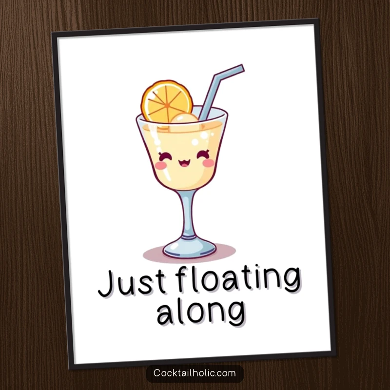 Funny Kawaii cocktail glass with a straw, amusingly attempting to sip a large bubble, humorous wall art for any room.