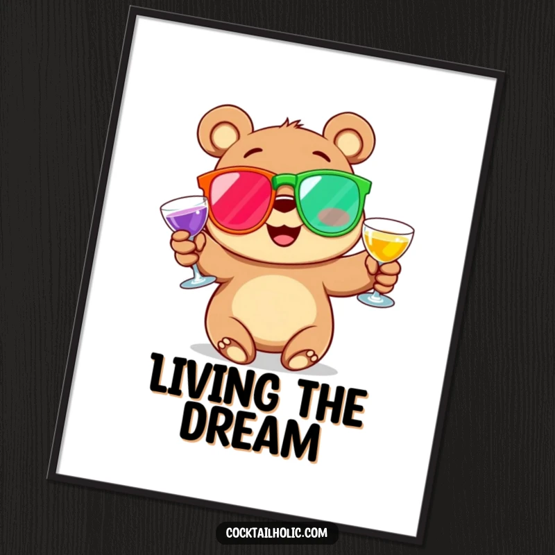 Funny Poster showcasing a cheerful cartoon bear with rosy cheeks, dynamically juggling large, colorful cocktail glasses, creating a lively and humorous visual.