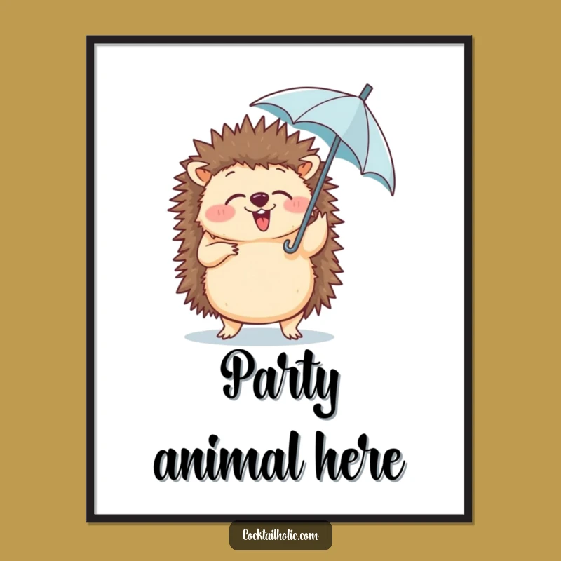 Add a touch of playful charm to your walls with this funny poster of a hedgehog dancing with an umbrella. Unique and delightful decor!