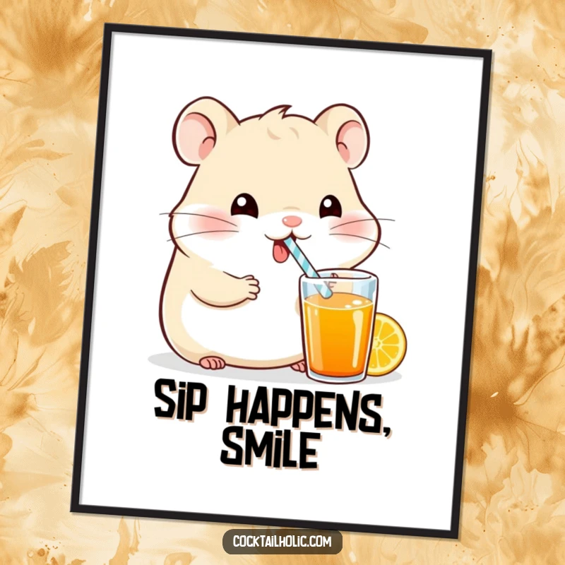 Funny hamster character with a tiny straw enjoying a bright beverage, whimsical cartoon art print for wall decor.