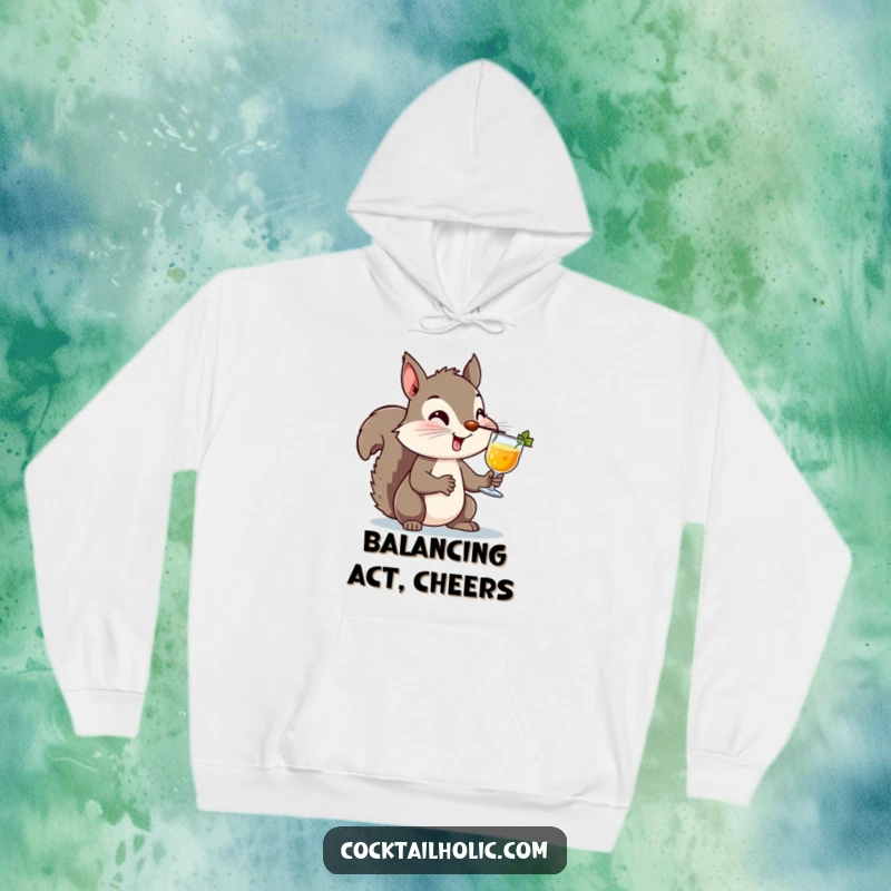 Funny Squirrel Cocktail Hoodie: A warm hoodie featuring a mischievous squirrel balancing a cocktail on its nose, perfect for cozying up with a humorous design.