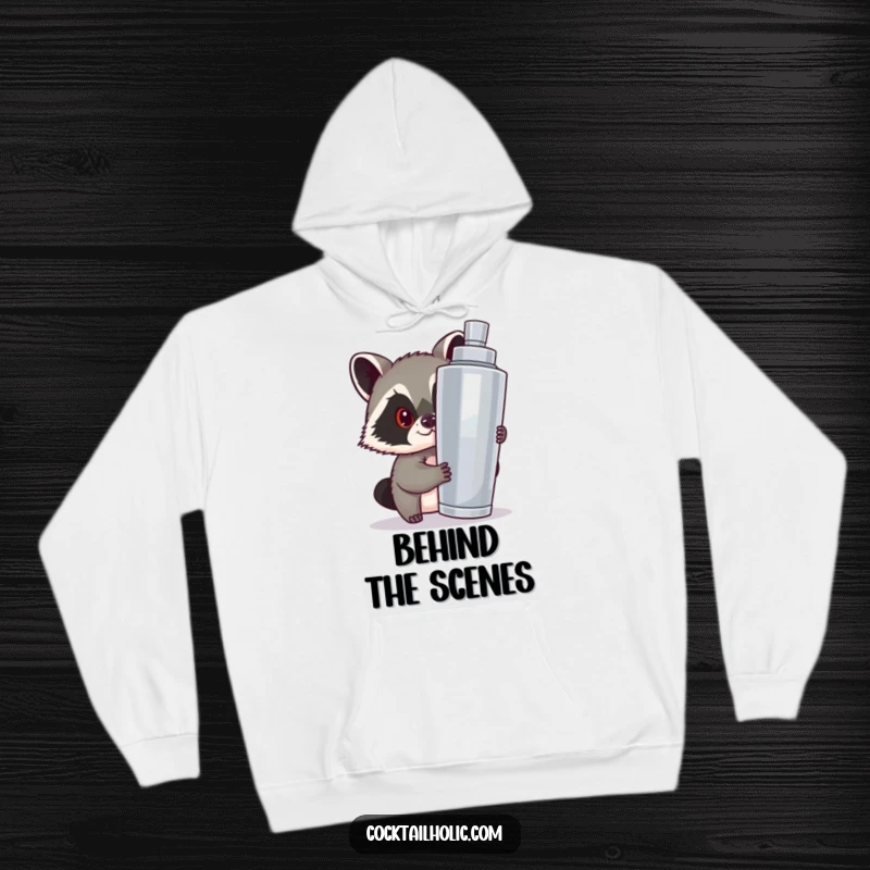 Funny hoodie with a sly raccoon peeking from a giant cocktail shaker, perfect for cozying up with humorous mischief.