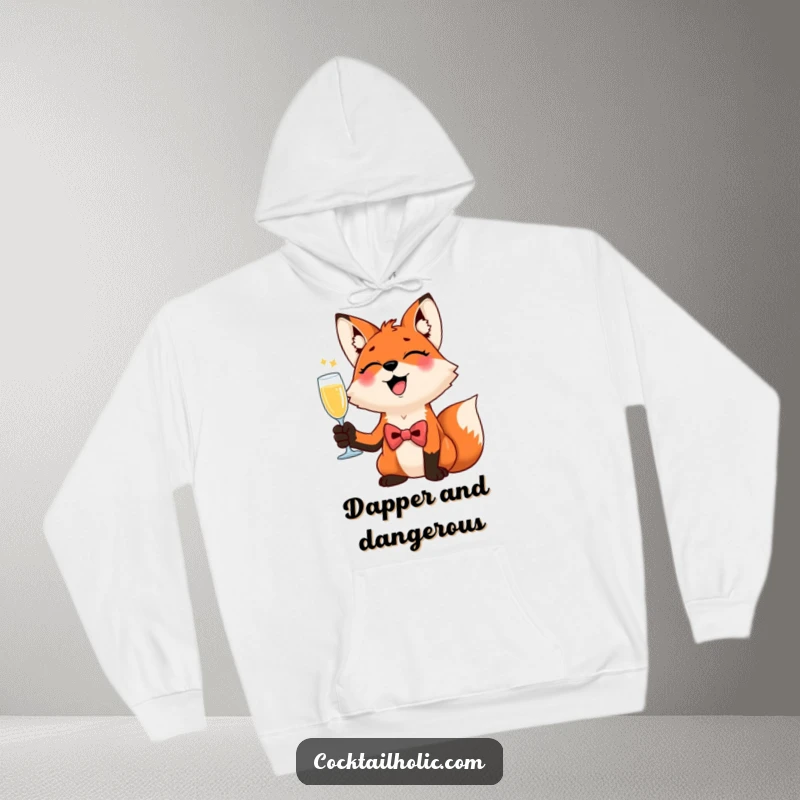 Funny Giggling Fox Hoodie: A giggling fox in a bow tie raises a champagne flute, offering cozy celebration and humor.