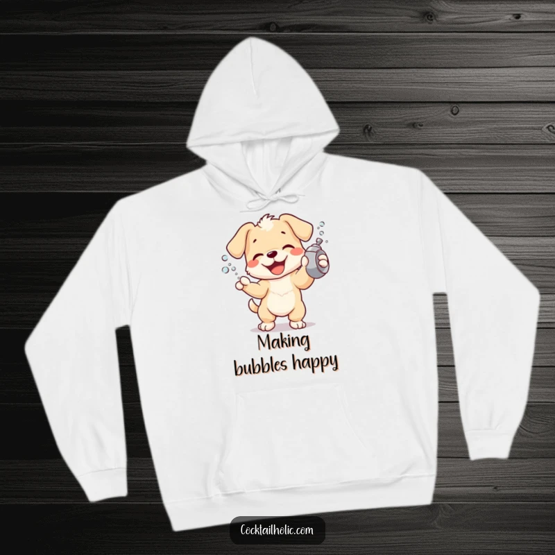 Joyful puppy character exuberantly shaking a cocktail shaker, spraying tiny bubbles, featured on a warm and cozy hoodie.
