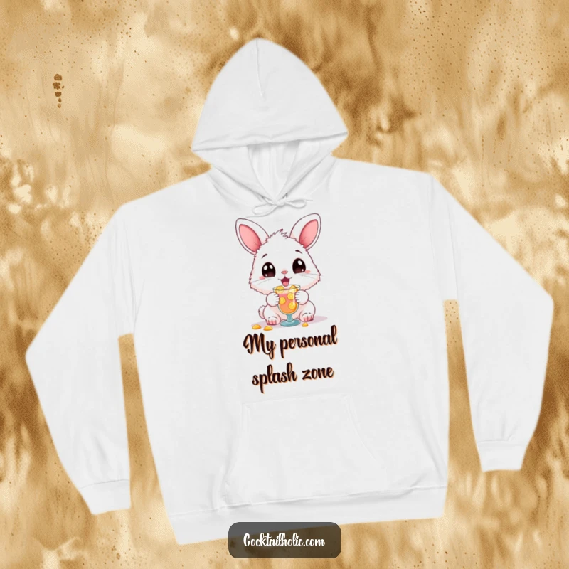 Funny hoodie showcasing a fluffy bunny spilling a drink with pure glee, a cozy and humorous apparel choice.