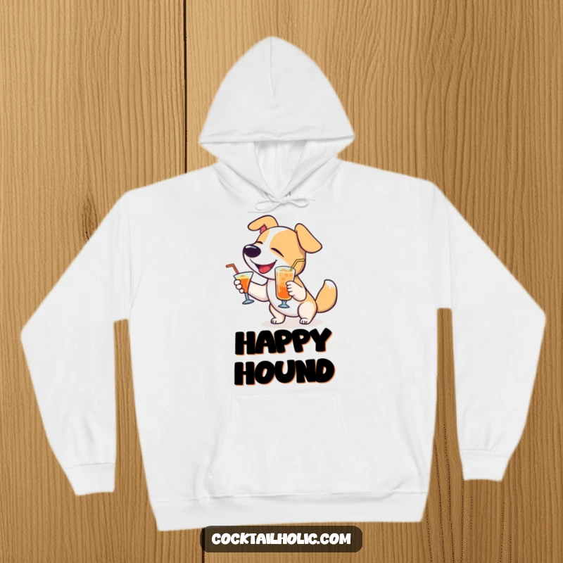 Funny Dog Hoodie: Delighted dog wagging tail with a cocktail, warm and humorous hoodie for ultimate comfort.