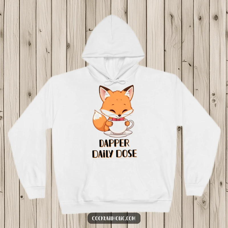 Funny hoodie with a playful fox character in a bow tie sipping tea, a cozy and humorous apparel choice.