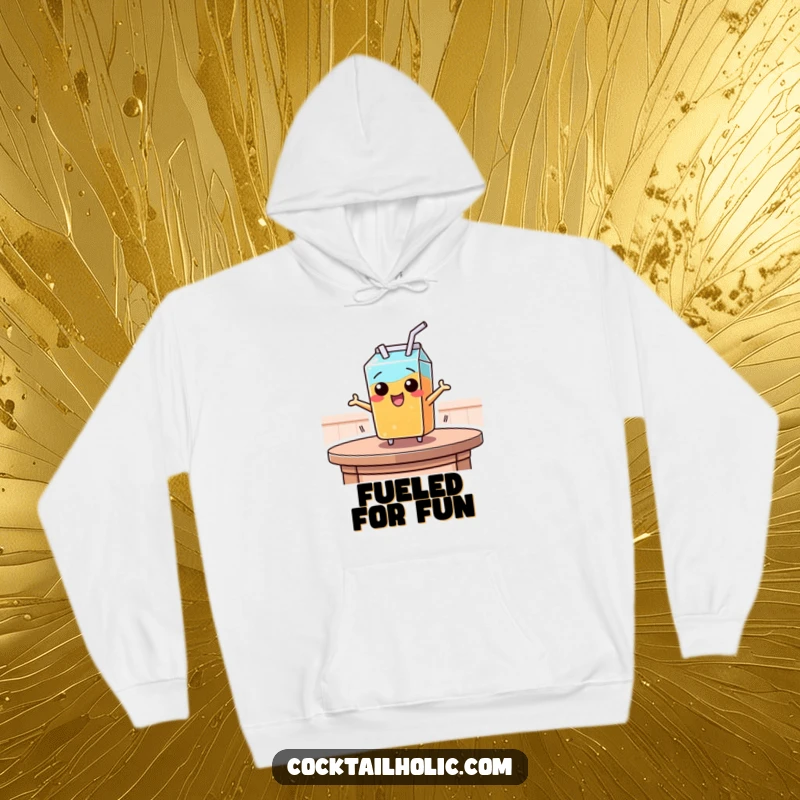 Funny hoodie depicting a mischievous juice box with a straw making a daring leap from a table, full of zest and fun.