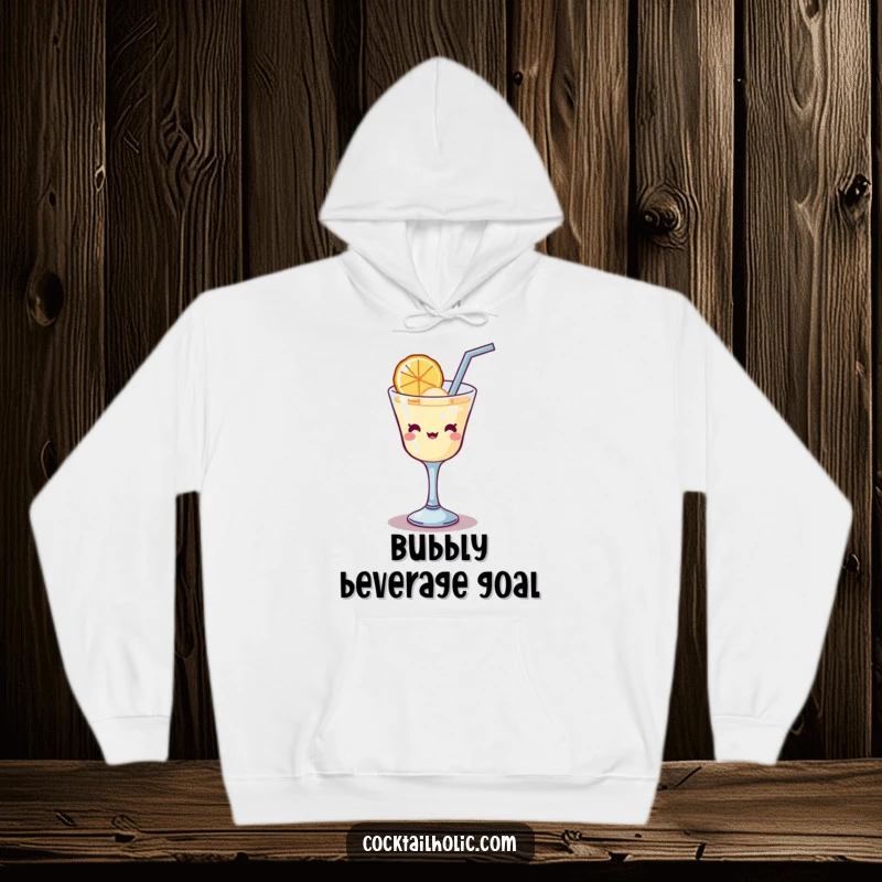 Funny Kawaii cocktail glass with a straw, hilariously attempting to sip a huge bubble, a cozy and humorous hoodie.