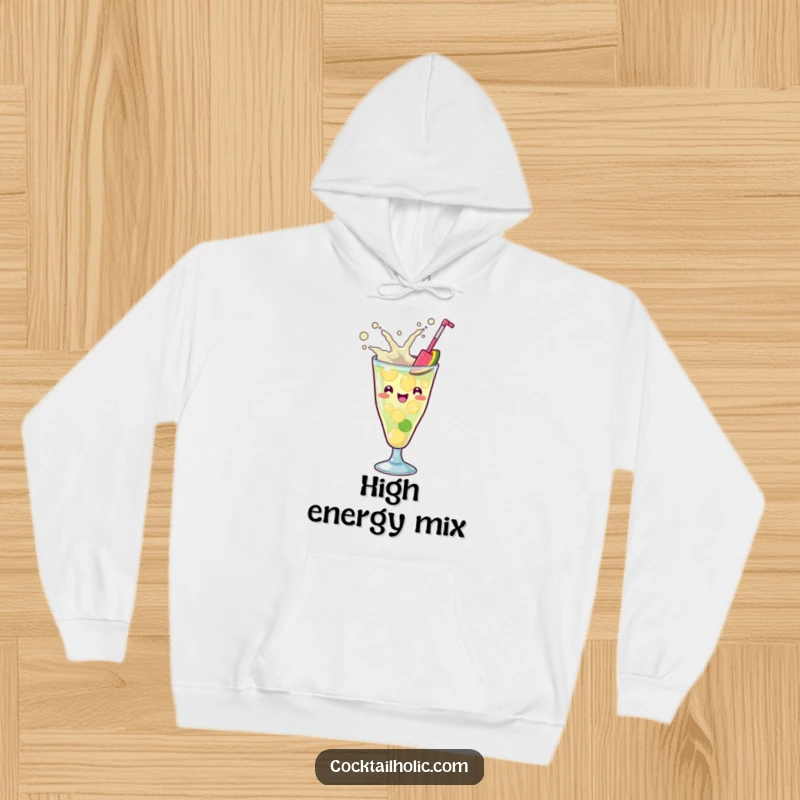 Funny Kawaii cocktail glass with a playful splash, enthusiastically mixing ingredients, a cozy and energetic humorous hoodie.